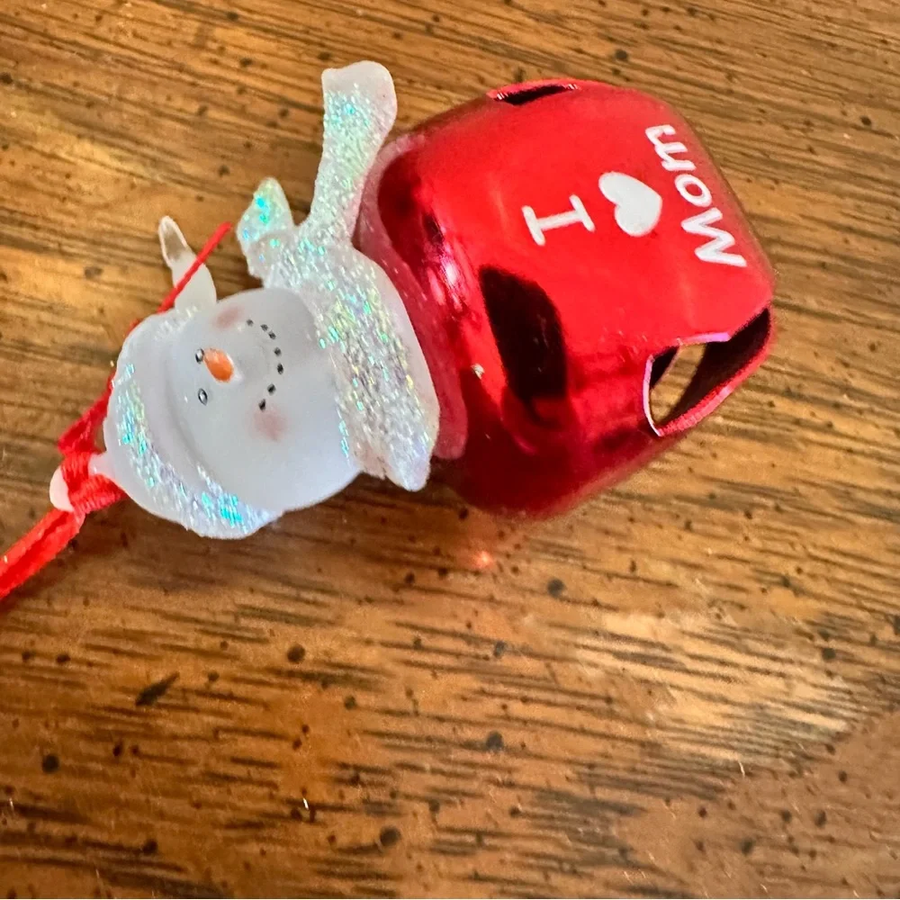 2 Snowman Jingle Bell Christmas Ornaments I Love My Dad & I Love My Mom